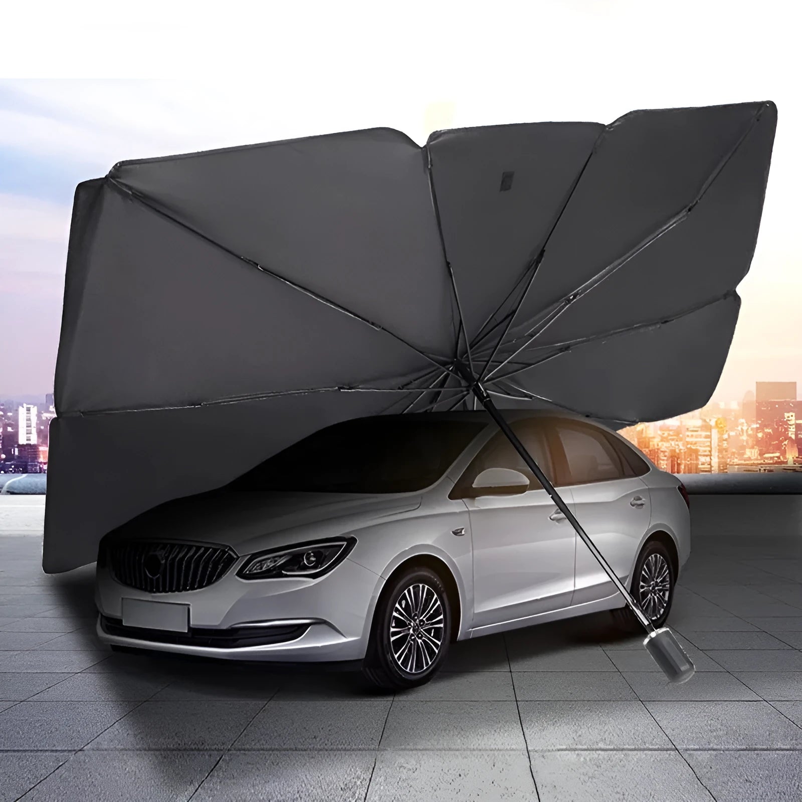 Titanium silver car sun shade parasol with leather case, thick opaque silver tape material