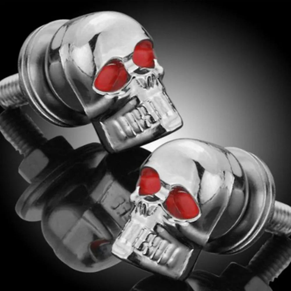 Pair of silver metal skull decorative bolts for motorcycle or car license plate fairing windshield