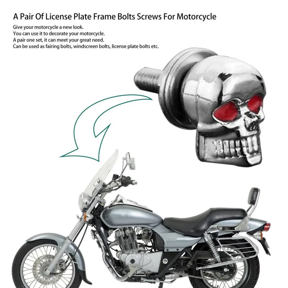 Pair of silver metal skull decorative bolts for motorcycle or car license plate fairing windshield