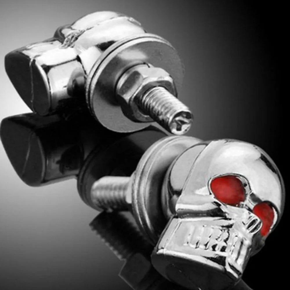 Pair of silver metal skull decorative bolts for motorcycle or car license plate fairing windshield