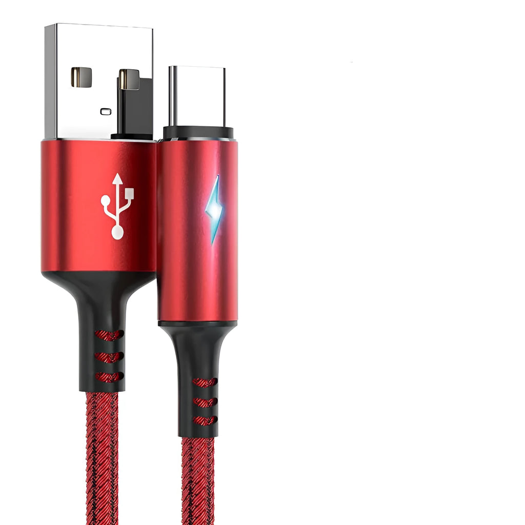 Universal USB data cable compatible with iPhone 12 and Android devices in black, red, or purple colours
