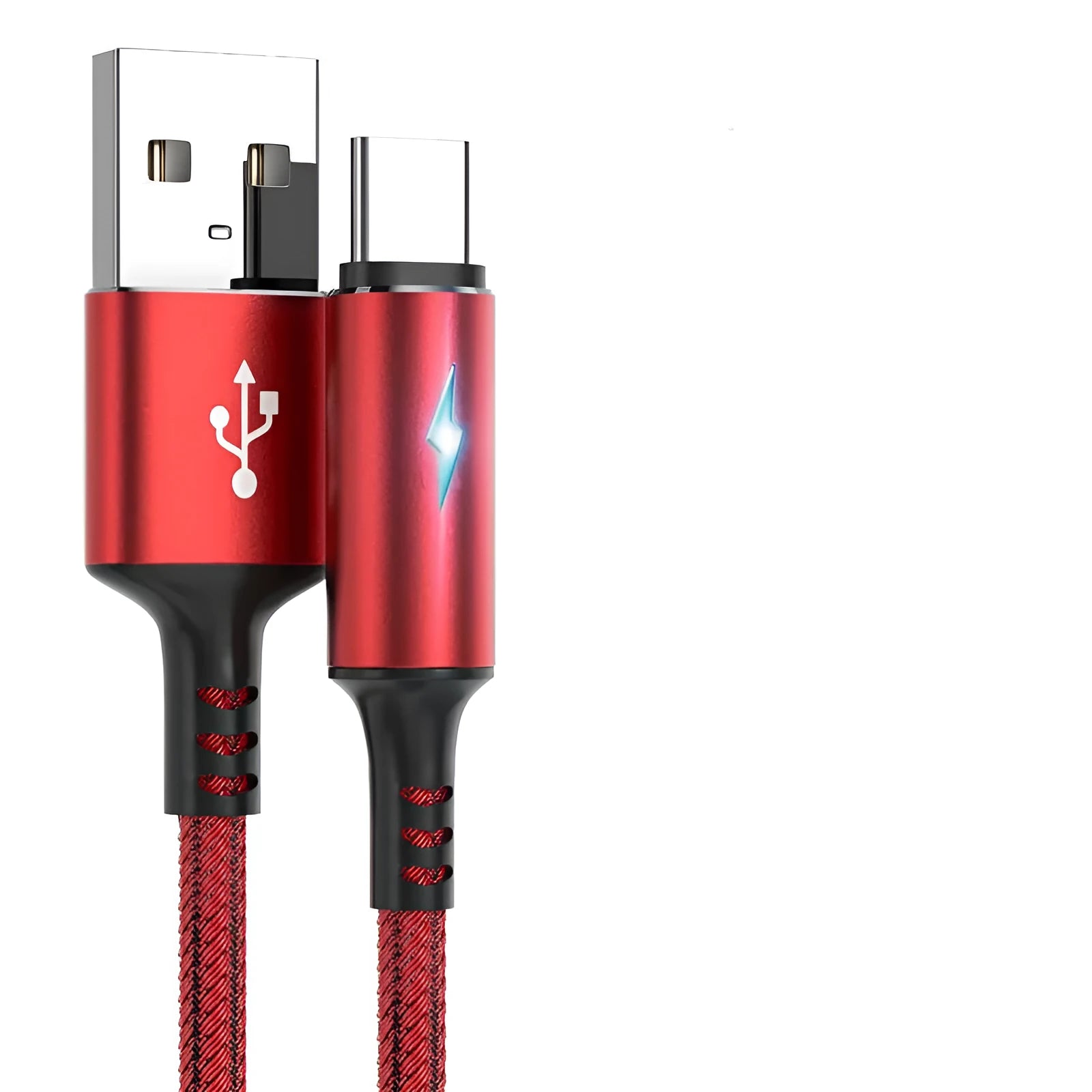 Universal USB data cable compatible with iPhone 12 and Android devices in black, red, or purple colours