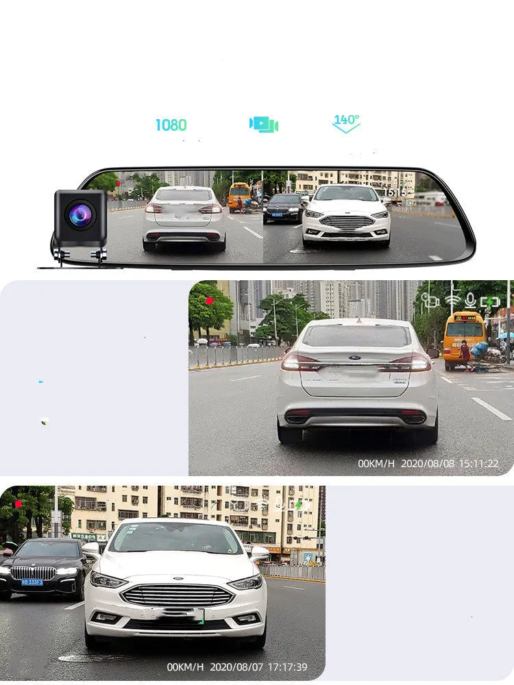 Black 360 driving recorder with night vision mounted on vehicle windshield