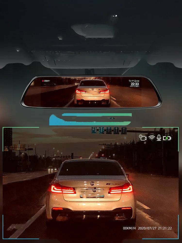 Black 360 driving recorder with night vision mounted on vehicle windshield
