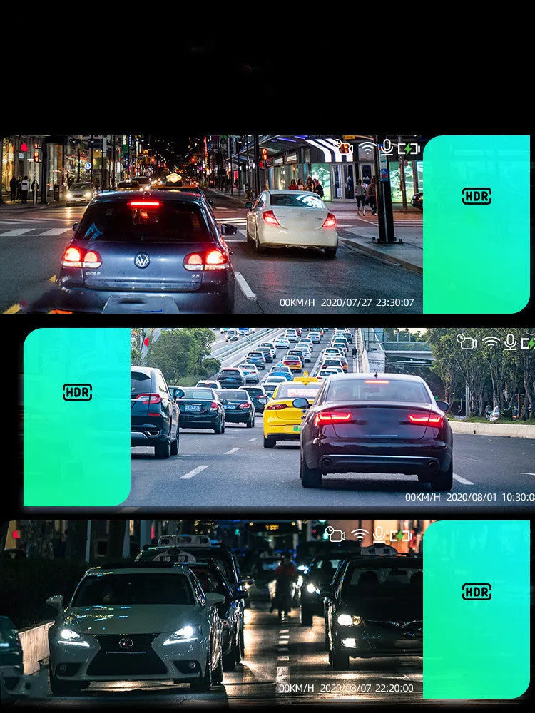 Black 360 driving recorder with night vision mounted on vehicle windshield