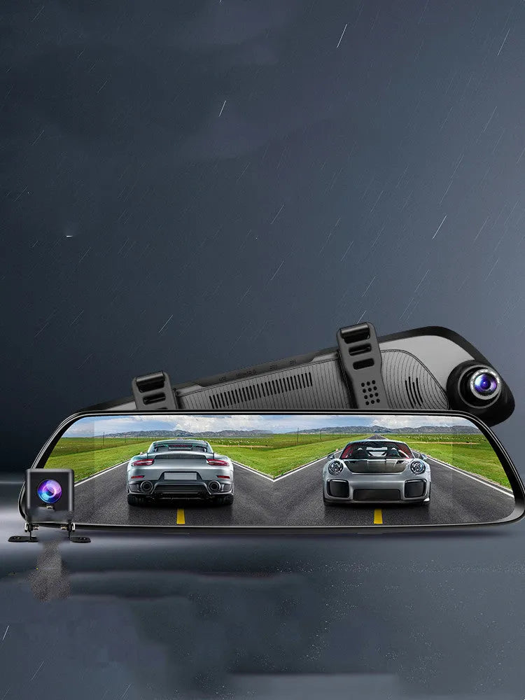 Black 360 driving recorder with night vision mounted on vehicle windshield
