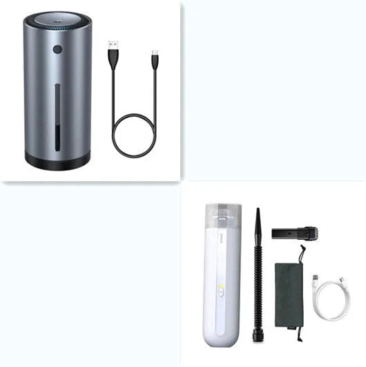 Baseus handheld cordless car vacuum cleaner in black, white, or green with blowing hose accessory.