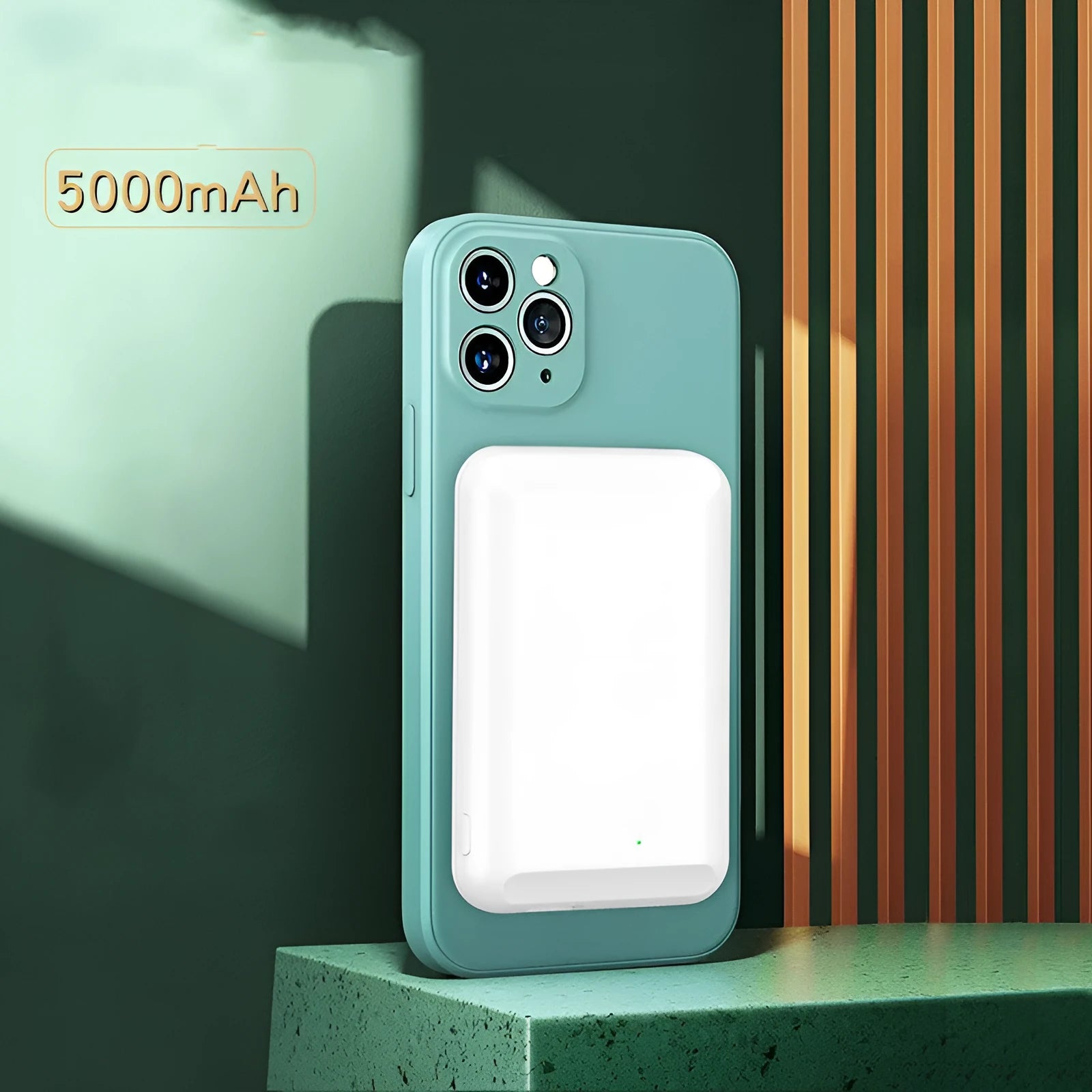 Magnetic wireless power bank in black, blue, green, pink, and white colour options showing 5000mAh capacity.