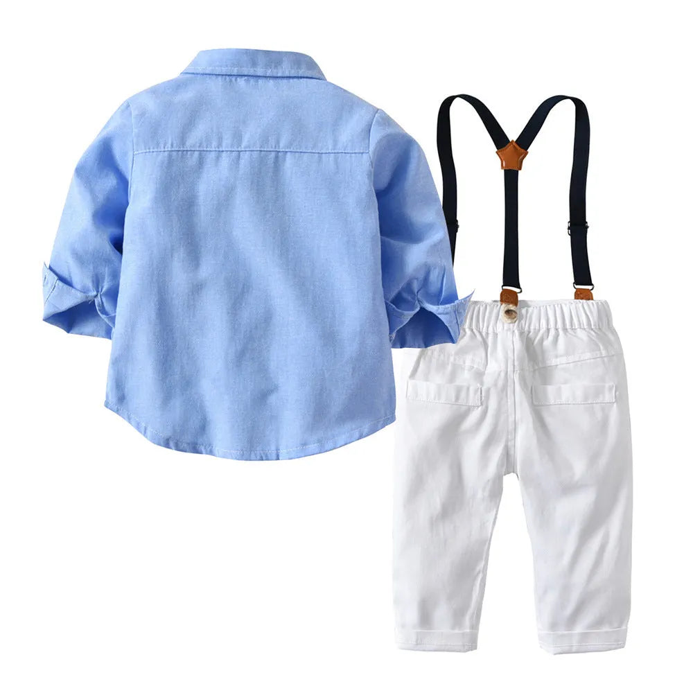 Boys blue gentleman bib pant suit with long sleeves and bow tie, Korean style two-piece set