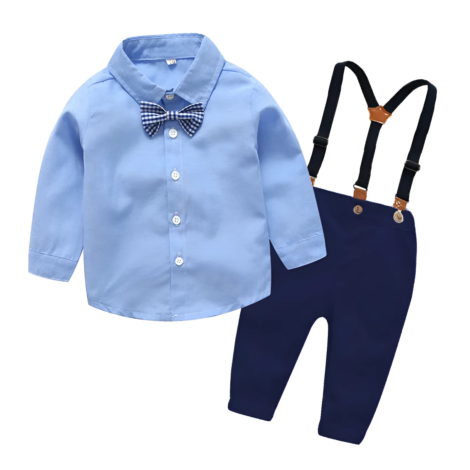 Boys blue gentleman bib pant suit with long sleeves and bow tie, Korean style two-piece set