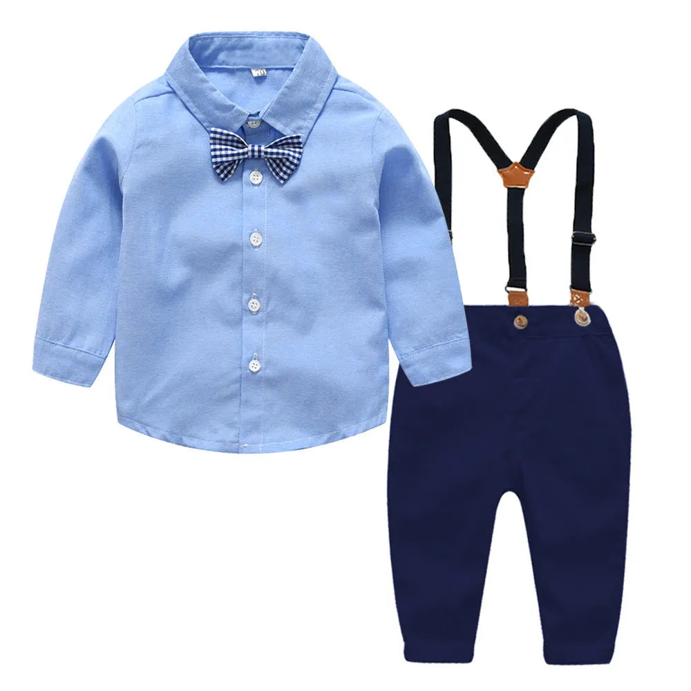 Boys blue gentleman bib pant suit with long sleeves and bow tie, Korean style two-piece set