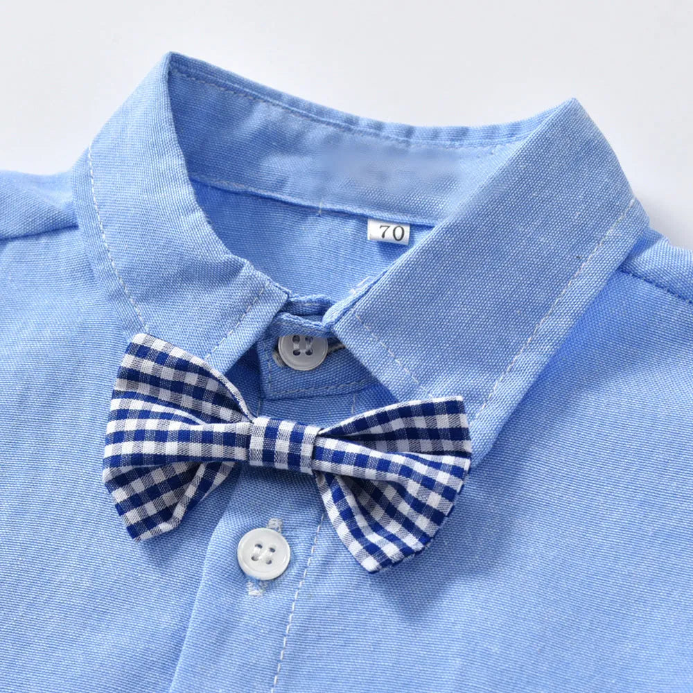 Boys blue gentleman bib pant suit with long sleeves and bow tie, Korean style two-piece set
