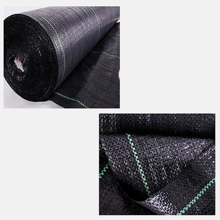Black polyethylene weed-proof ground cover cloth laid flat on soil, showing woven texture.