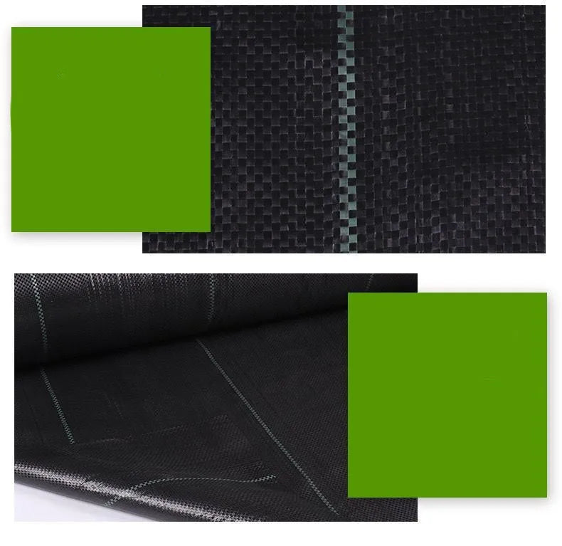Black polyethylene weed-proof ground cover cloth laid flat on soil, showing woven texture.