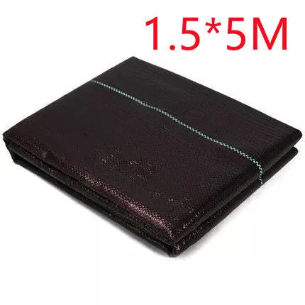 Black polyethylene weed-proof ground cover cloth laid flat on soil, showing woven texture.
