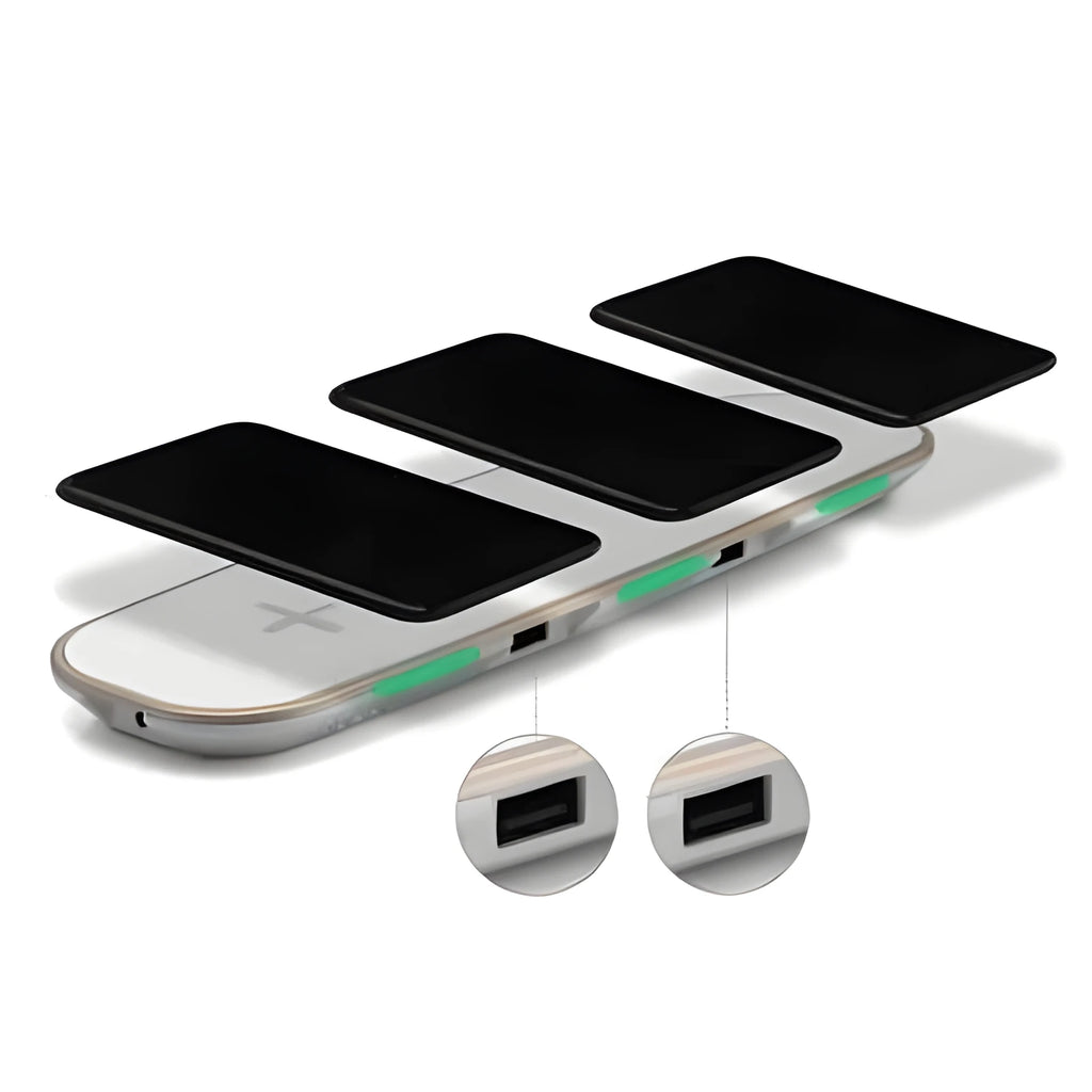 Black and white 3-in-1 Qi wireless charging base with LED indicators