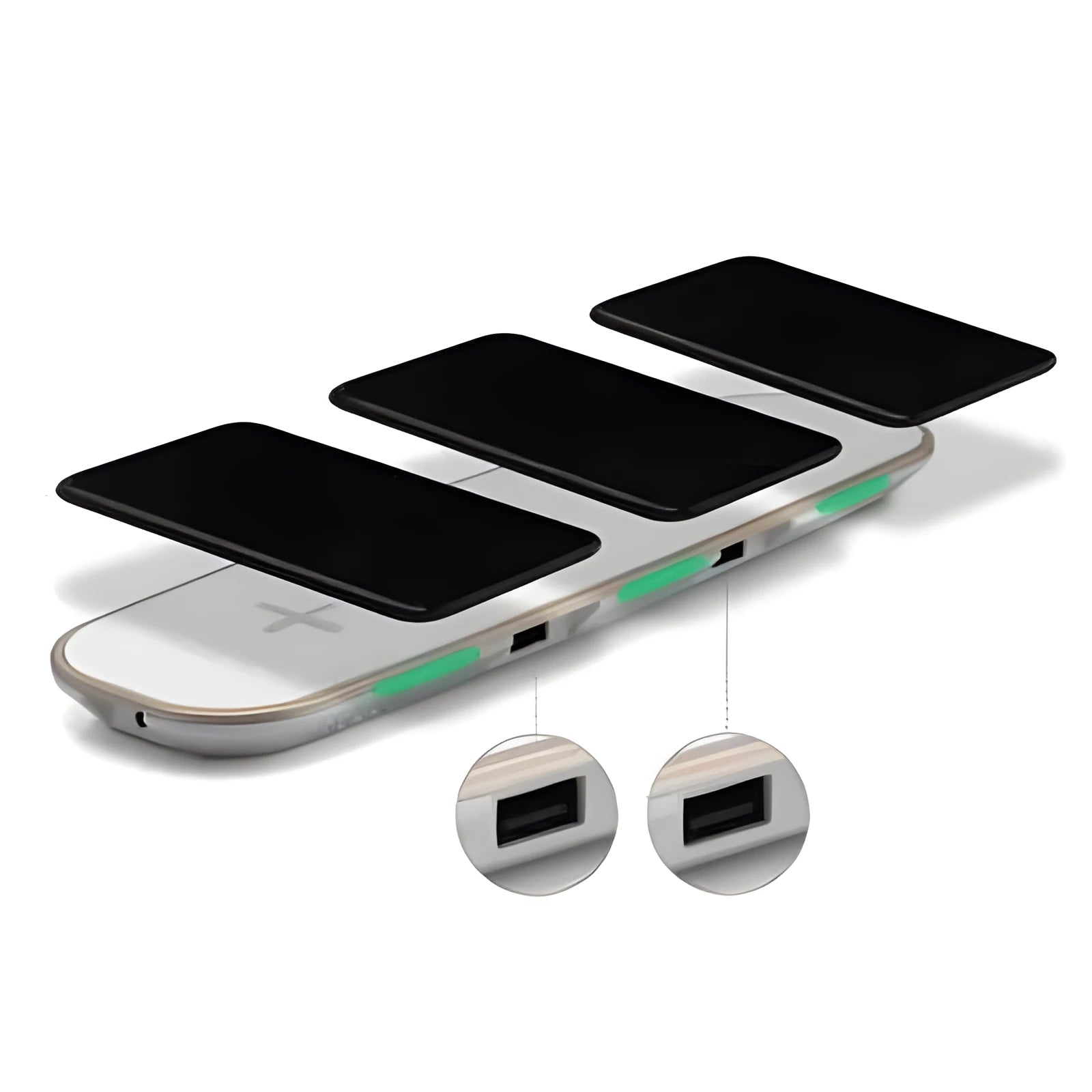 Black and white 3-in-1 Qi wireless charging base with LED indicators