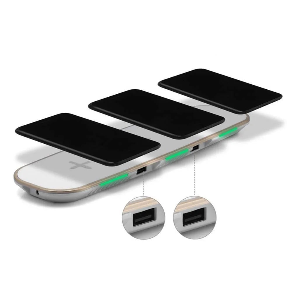 Black and white 3-in-1 Qi wireless charging base with LED indicators