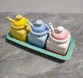 Three cool-coloured ceramic seasoning pots with a matching spoon on a kitchen counter