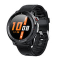 Black and red Android smart watch with round dial, silicone strap, and IP68 waterproof rating.