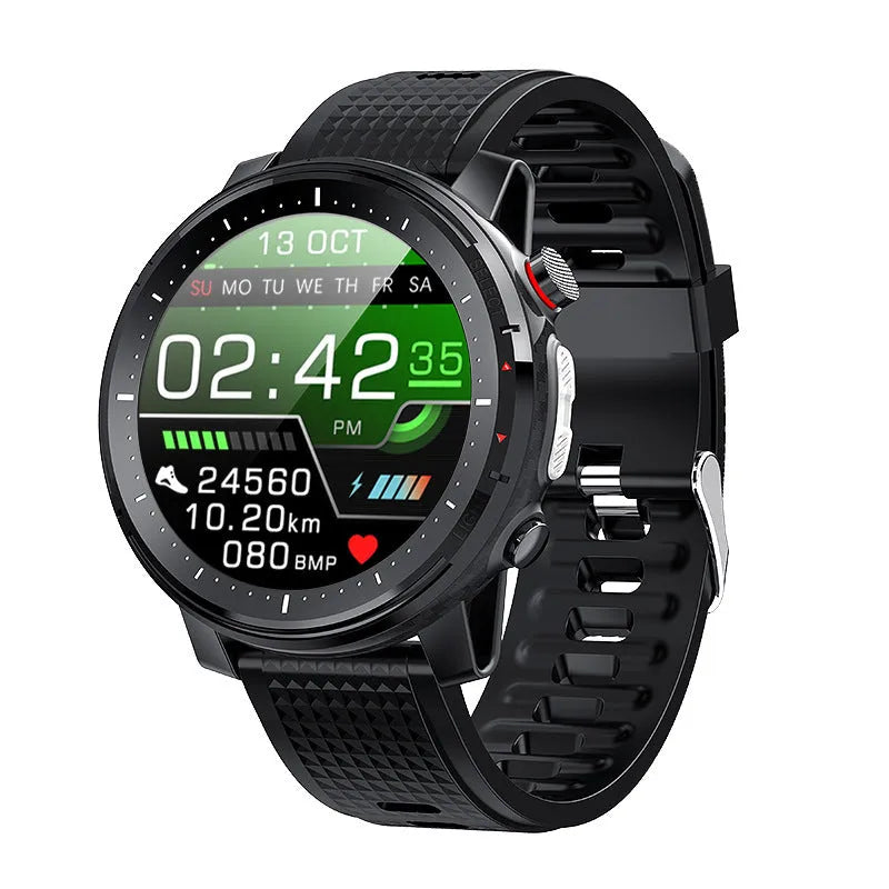 Black and red Android smart watch with round dial, silicone strap, and IP68 waterproof rating.