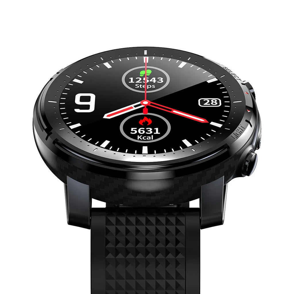 Black and red Android smart watch with round dial, silicone strap, and IP68 waterproof rating.
