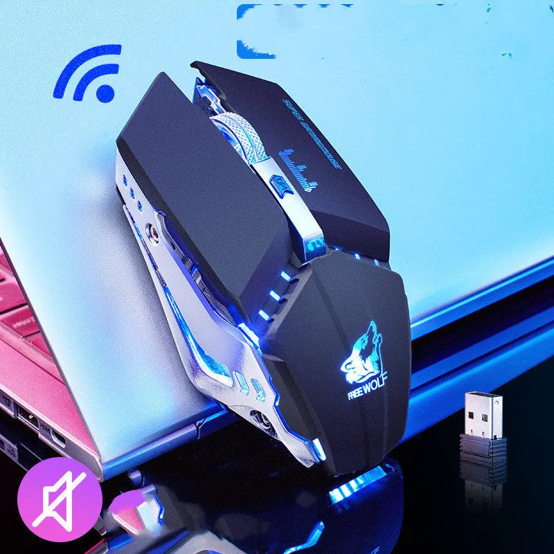 Rechargeable black wireless gaming mouse with six buttons and scroll wheel on a mouse pad