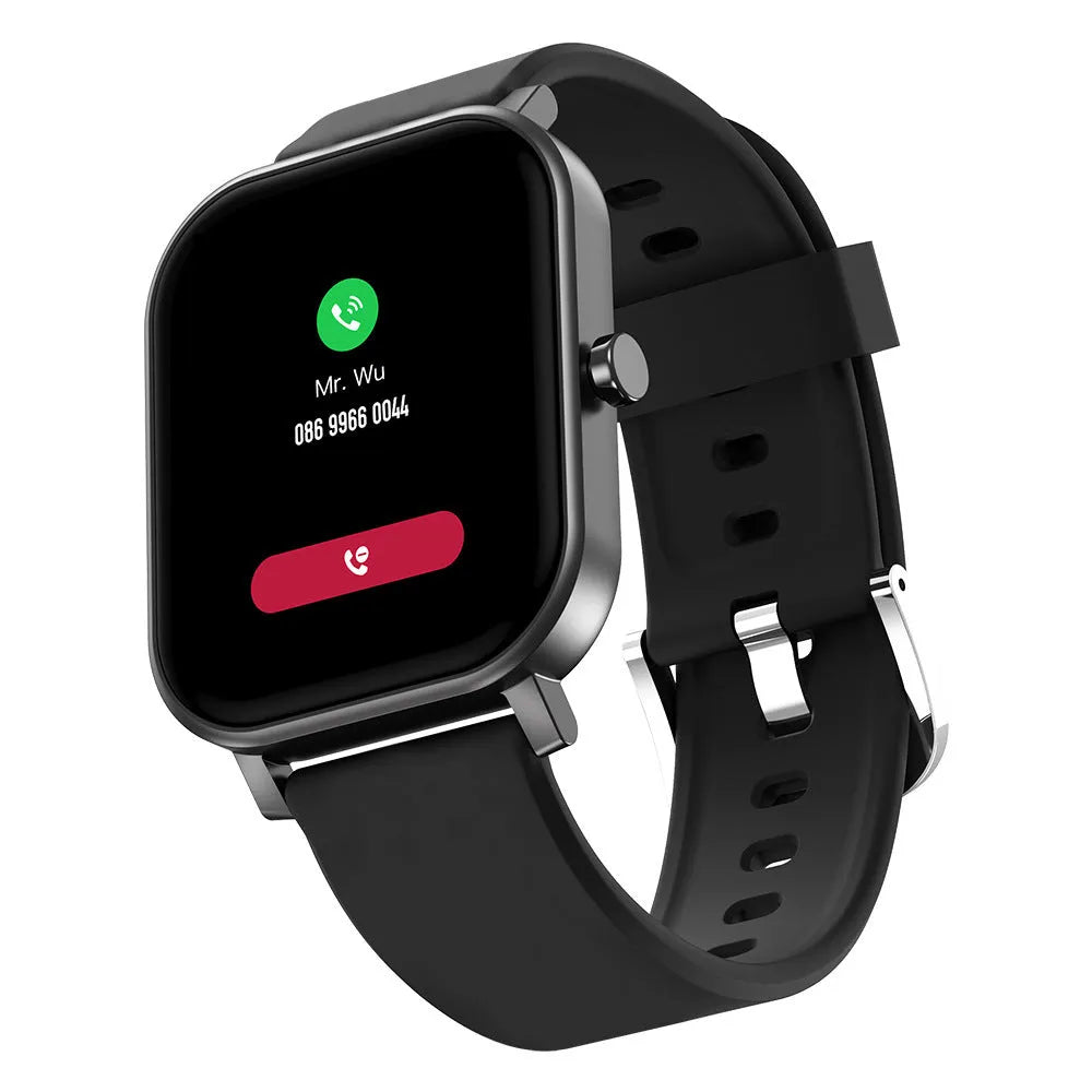 Health smart watch with 1.69-inch screen, wireless Bluetooth, zinc alloy body, and liquid silicone wristband in black.
