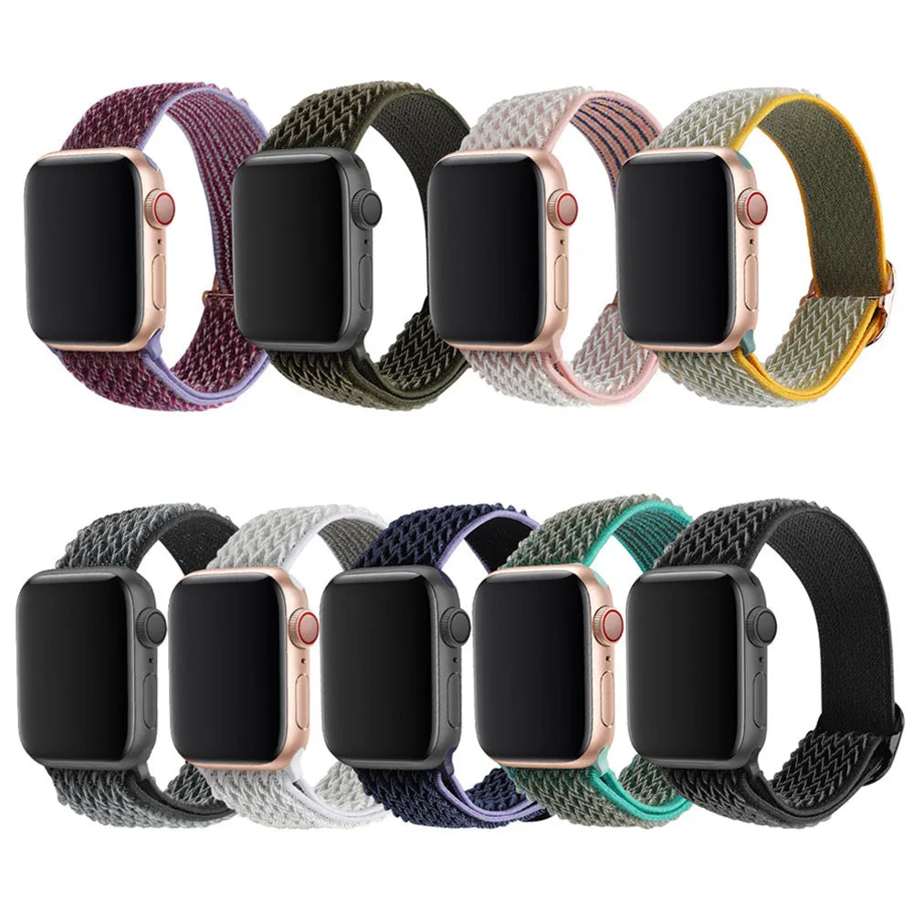 Braided nylon elastic watch strap for Apple Watch in multiple colours on a grey background.