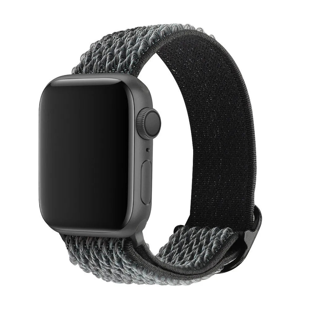 Braided nylon elastic watch strap for Apple Watch in multiple colours on a grey background.