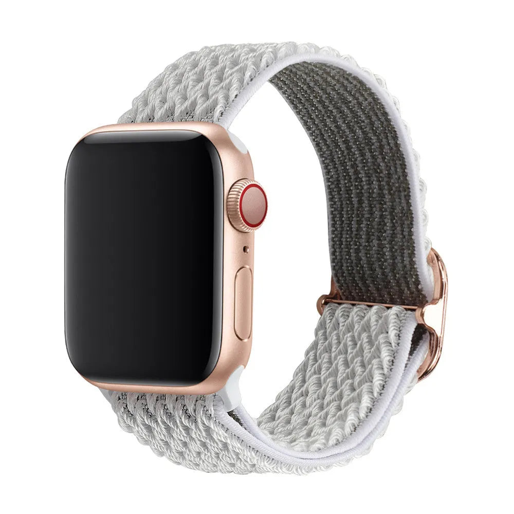 Braided nylon elastic watch strap for Apple Watch in multiple colours on a grey background.