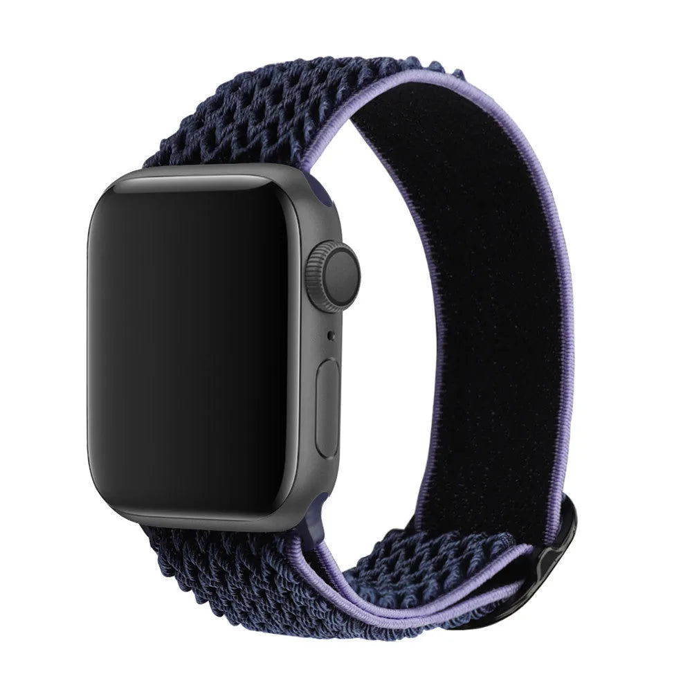 Braided nylon elastic watch strap for Apple Watch in multiple colours on a grey background.