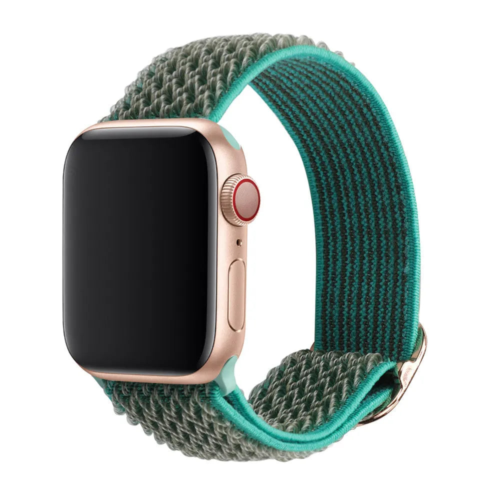 Braided nylon elastic watch strap for Apple Watch in multiple colours on a grey background.