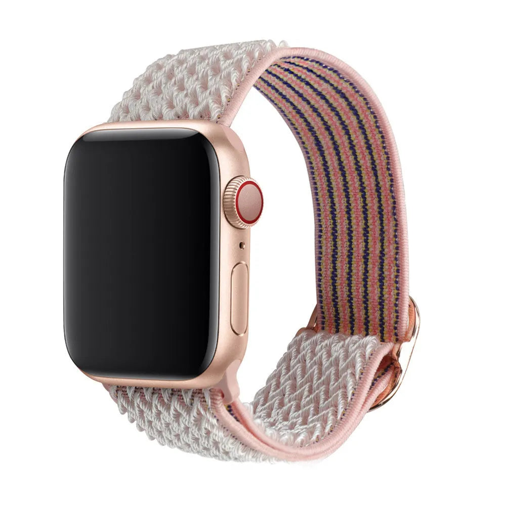 Braided nylon elastic watch strap for Apple Watch in multiple colours on a grey background.