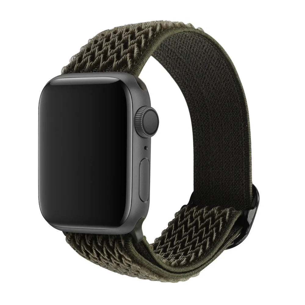 Braided nylon elastic watch strap for Apple Watch in multiple colours on a grey background.