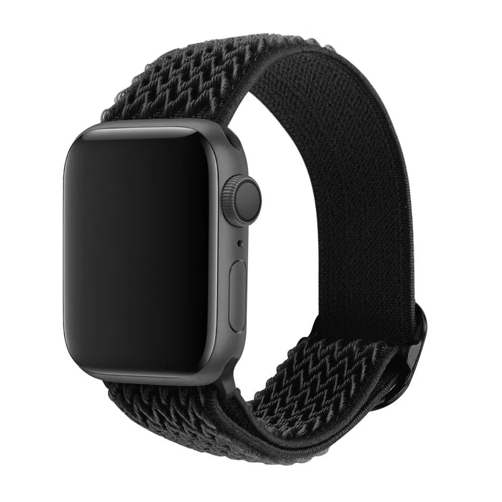Braided nylon elastic watch strap for Apple Watch in multiple colours on a grey background.