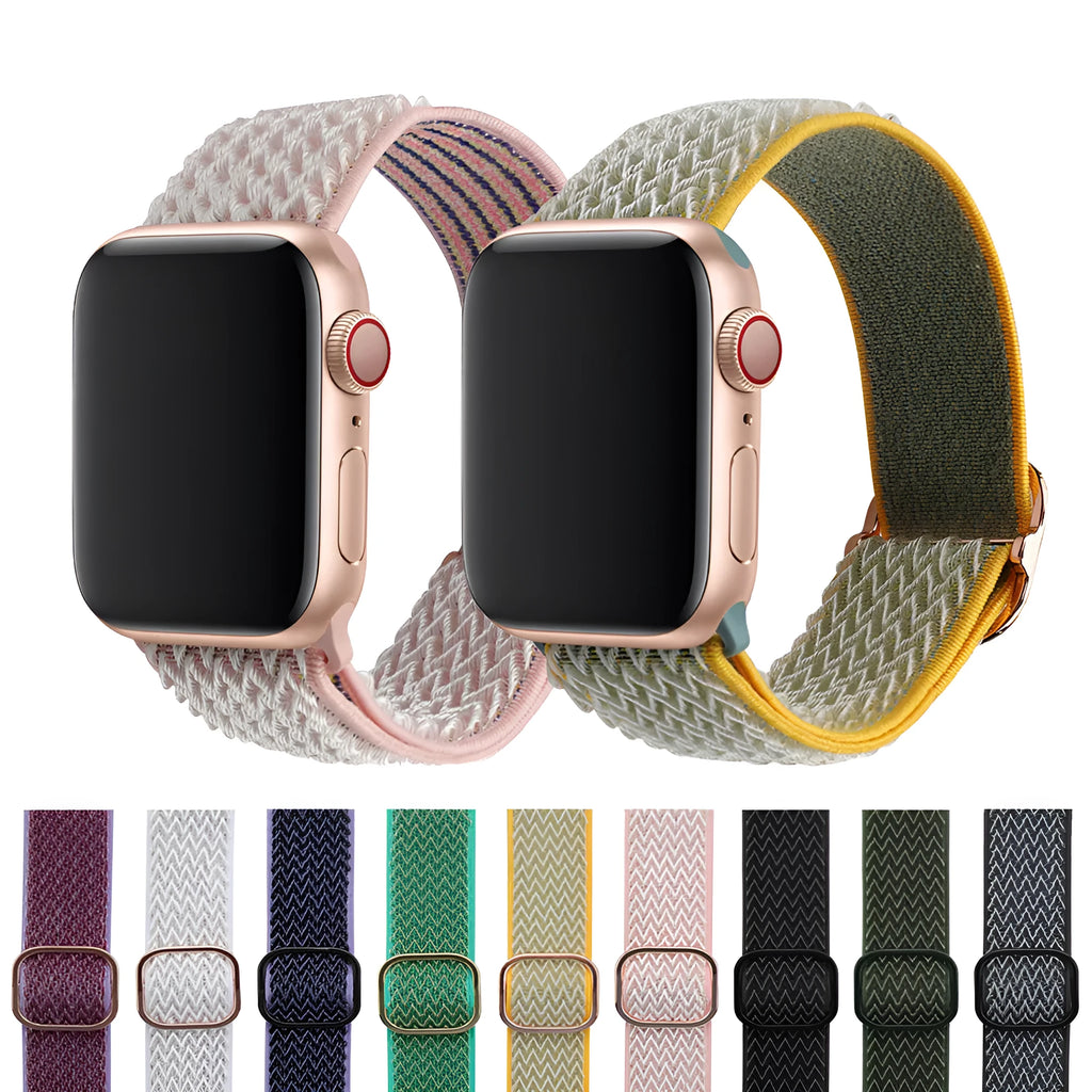 Braided nylon elastic watch strap for Apple Watch in multiple colours on a grey background.
