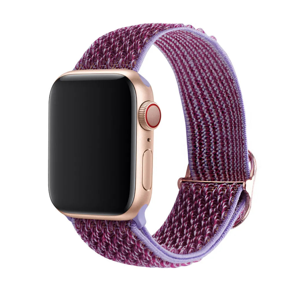 Braided nylon elastic watch strap for Apple Watch in multiple colours on a grey background.