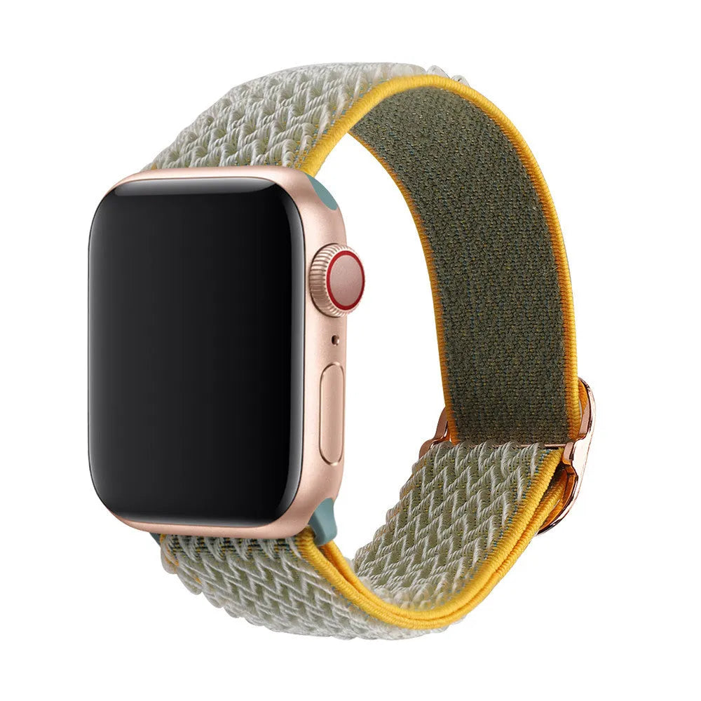 Braided nylon elastic watch strap for Apple Watch in multiple colours on a grey background.