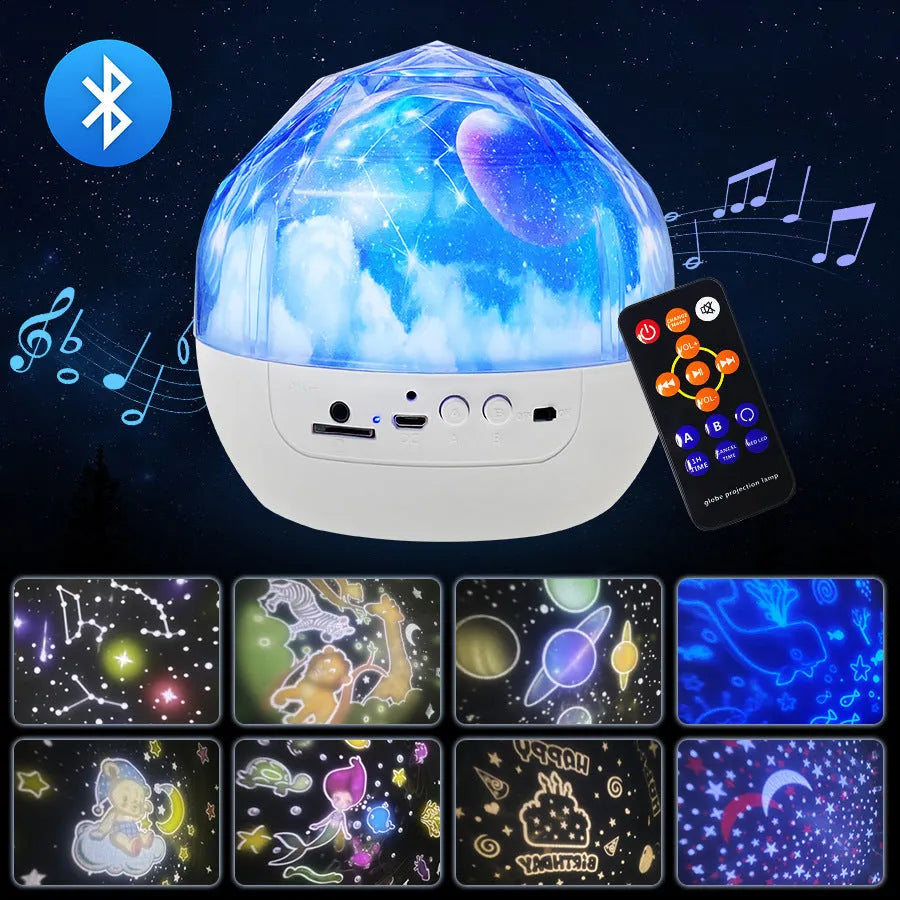 Compact plastic starry sky projector showing constellation night light projection on a wall.