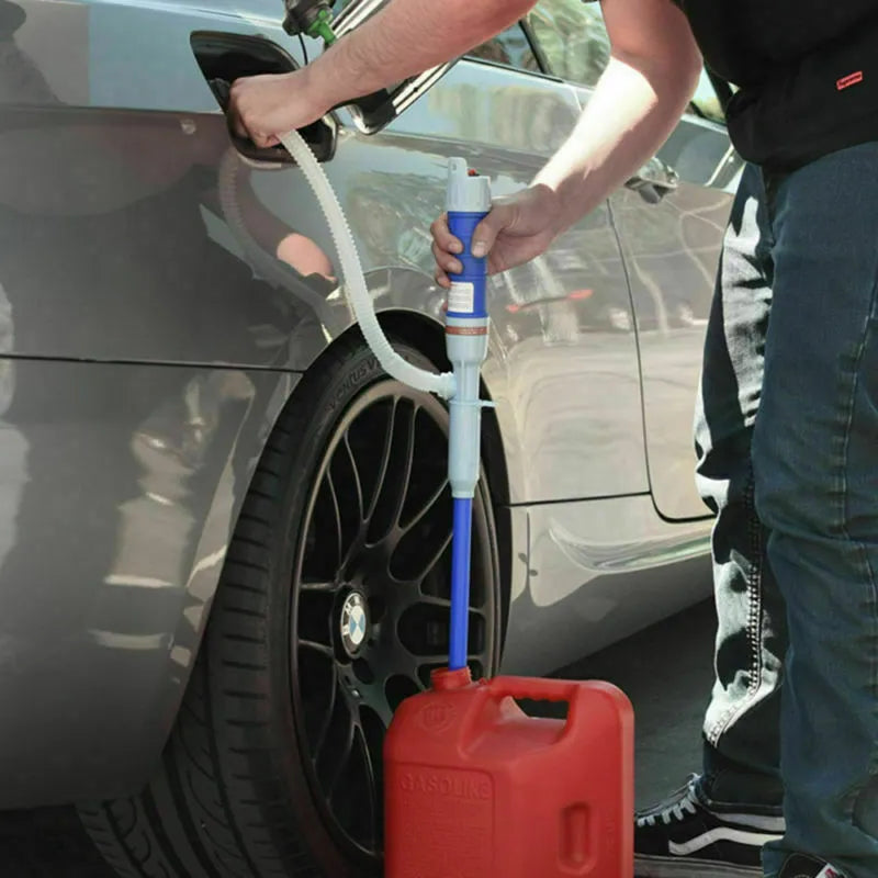 Blue manual hand siphon pump for transferring fuel and liquids.