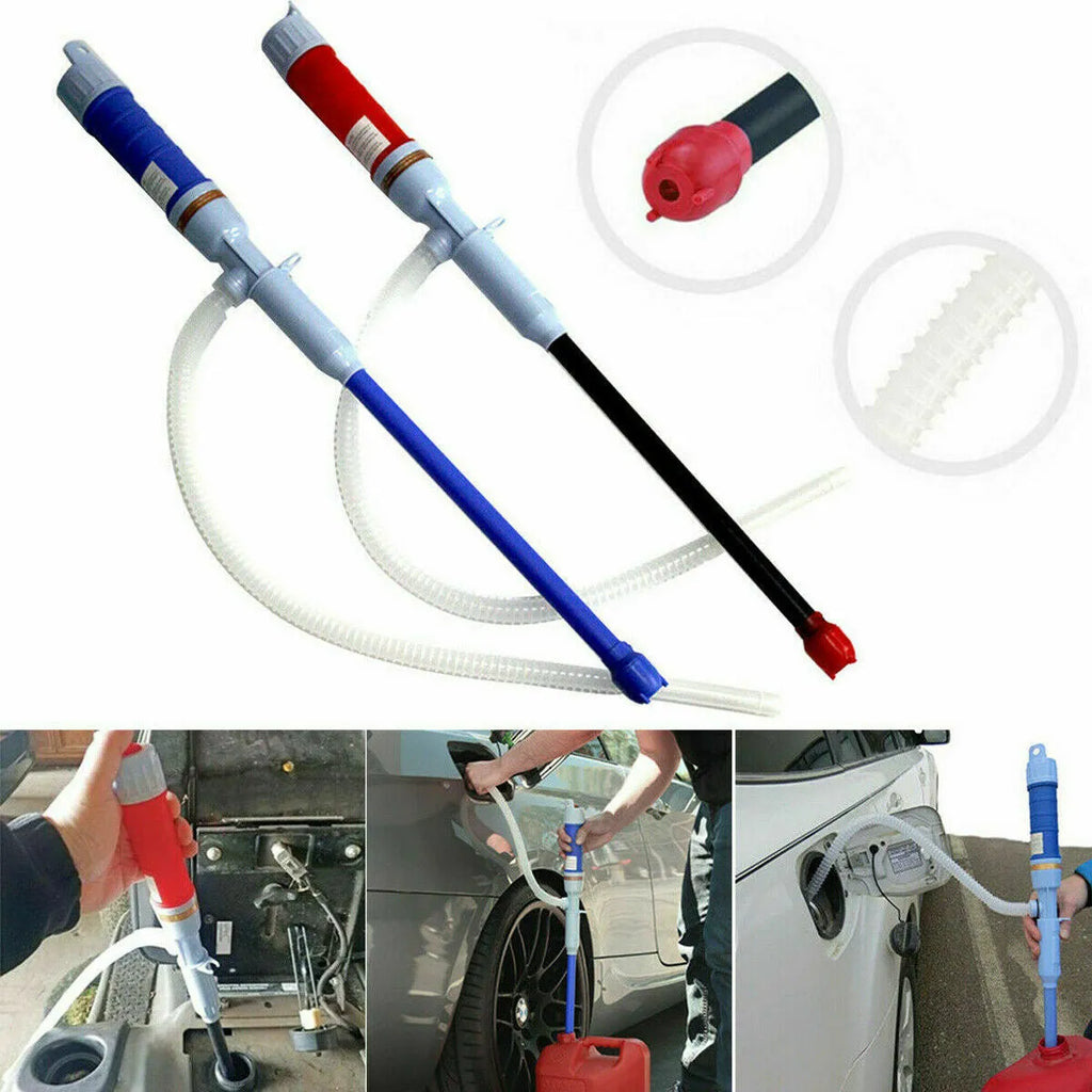 Blue manual hand siphon pump for transferring fuel and liquids.