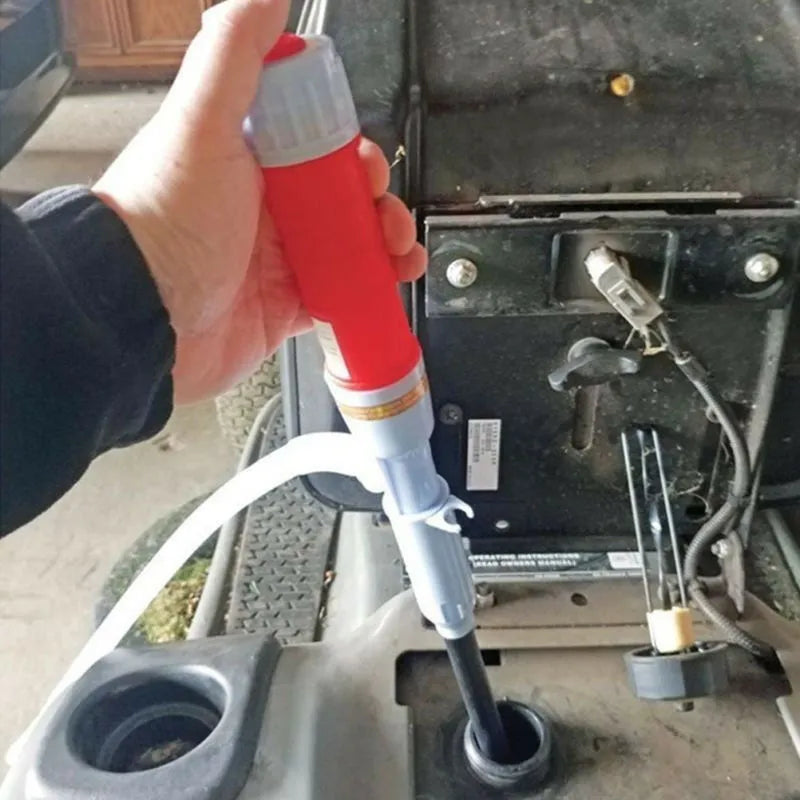 Blue manual hand siphon pump for transferring fuel and liquids.