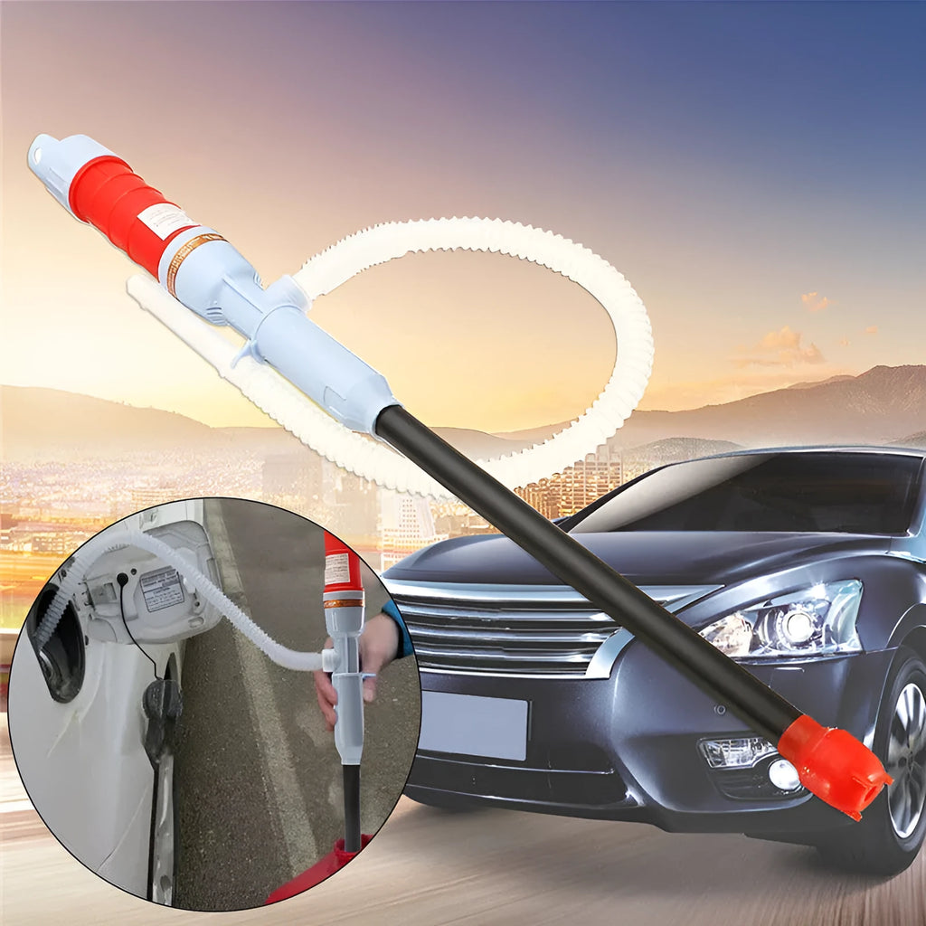 Blue manual hand siphon pump for transferring fuel and liquids.