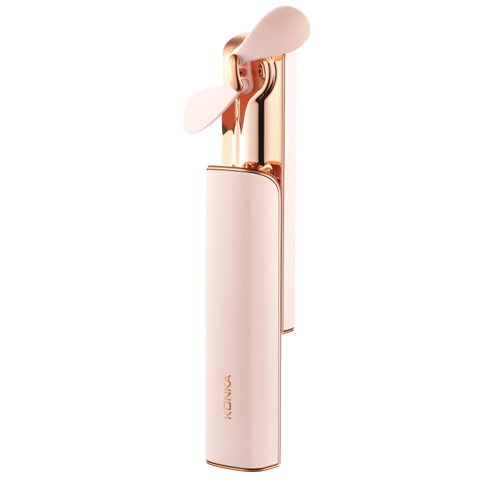 Pink mini folding USB handheld portable fan with oscillating head on a desk