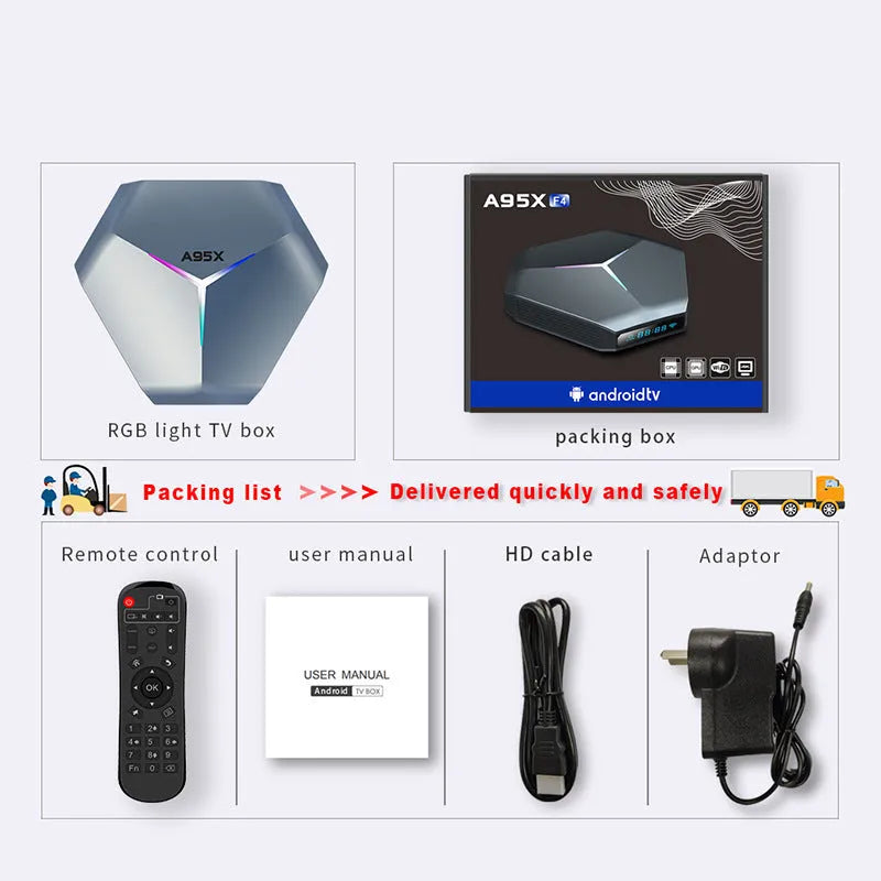 Black 8K Android TV set-top box with remote control and international power plugs on a wooden surface