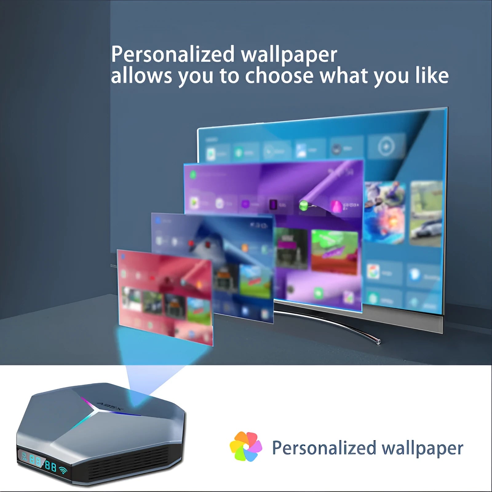 Black 8K Android TV set-top box with remote control and international power plugs on a wooden surface