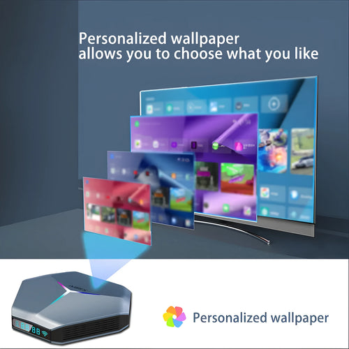 Black 8K Android TV set-top box with remote control and international power plugs on a wooden surface