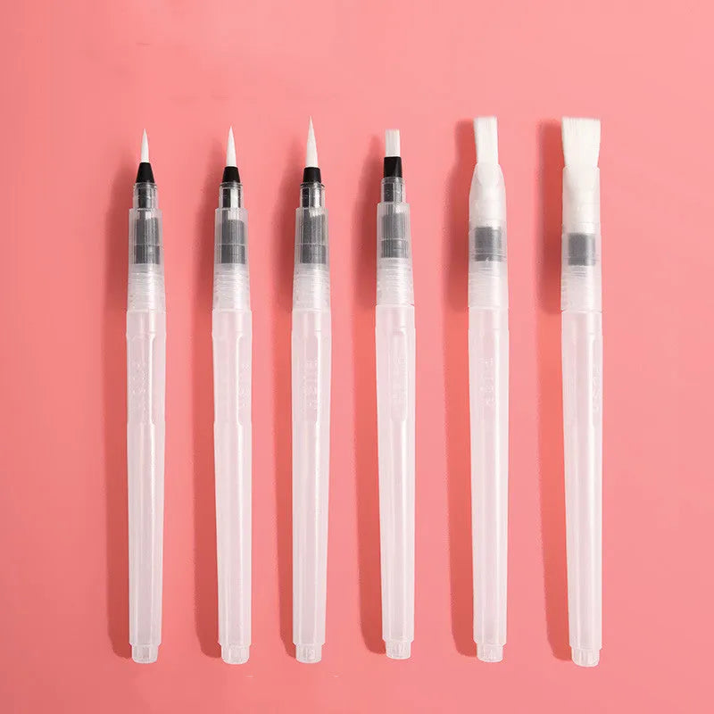 Fan-shaped foldable solid watercolour paint set in transparent plastic box with fountain pen and sponge.