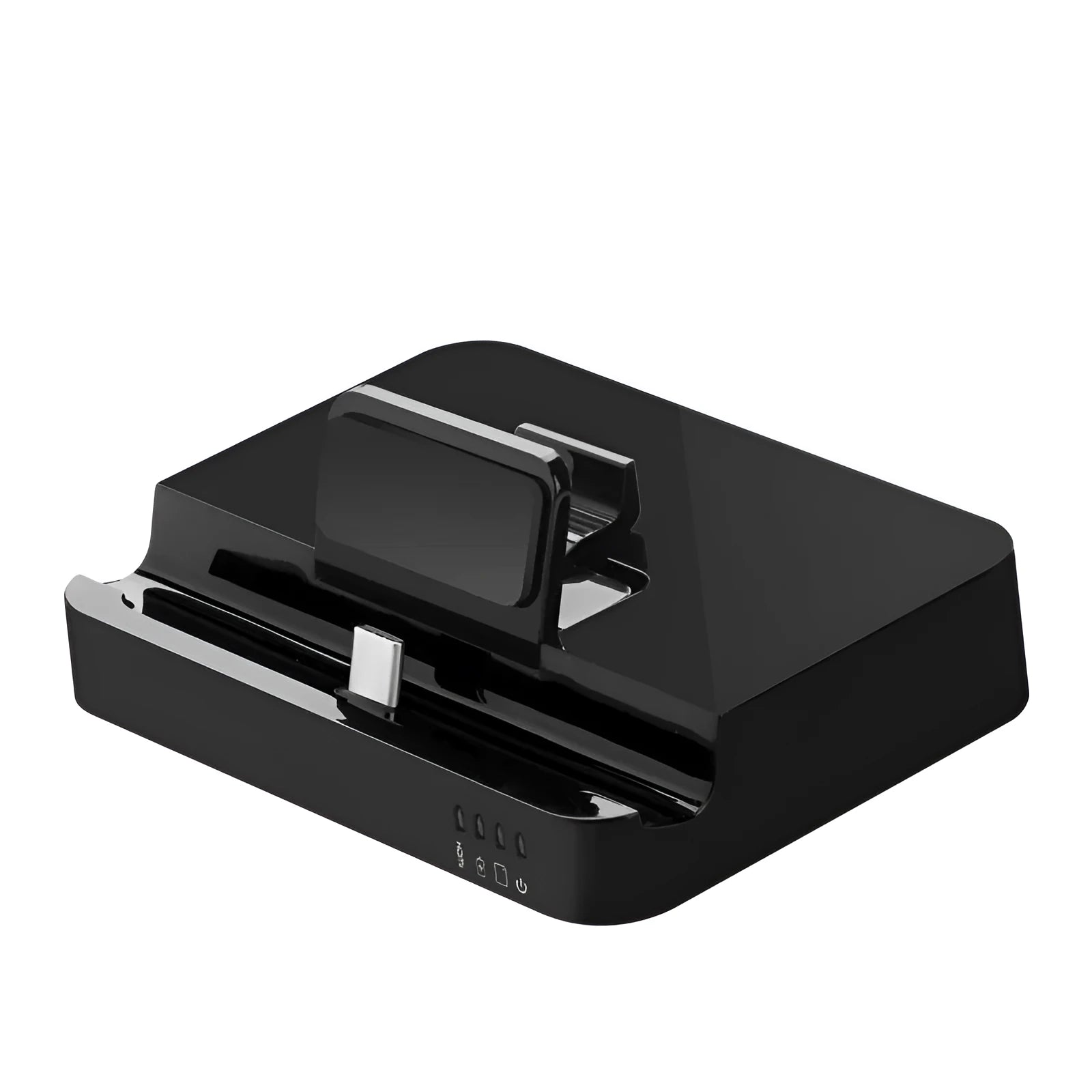 Black mobile phone dock converter for HD display connections with 5Gbps data speed.